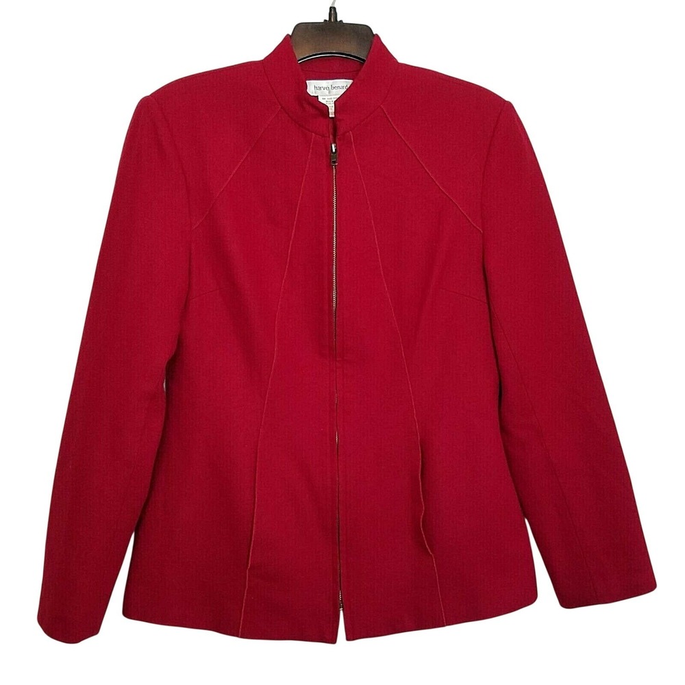 Harve Benard Red Wool Blend Mock Neck Zip-Up Tailored Jacket 8/Med Academia Core